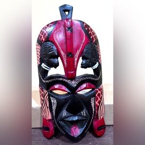 African Handcrafted Red and Black Tribal Mask